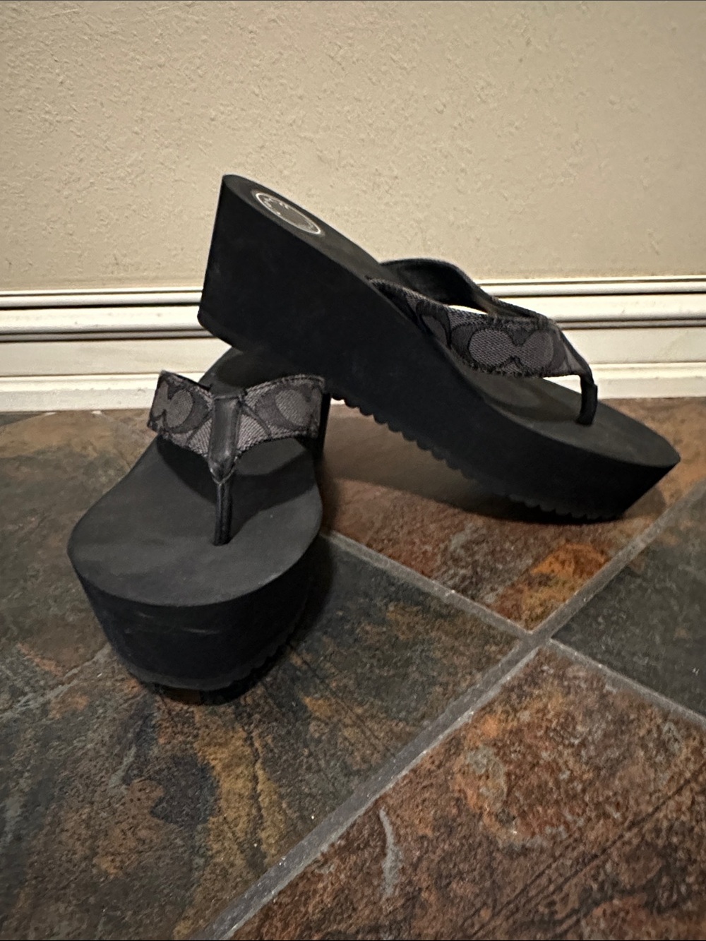 Coach Black Platform Thong Sandals with Signature Straps